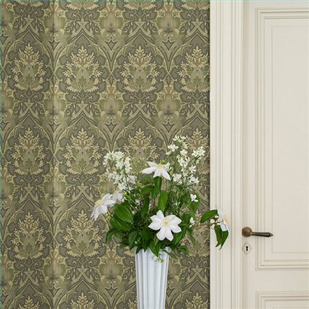 Ref.82085 estancia decorada con damasco ojival Verde y Topo y fondo Beige, hidden treasures