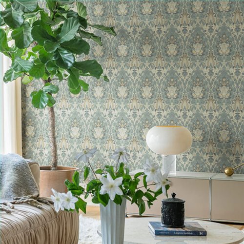 Ref.82084 ambiente con hidden treasures damasco ojival Marrón, Topo y Gris sobre fondo Verde