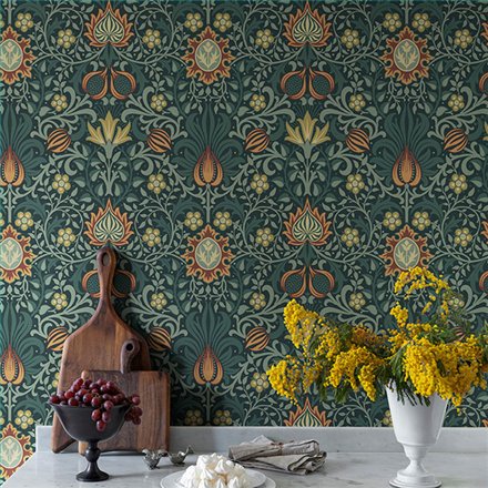 Ref.82092 foto de ambiente floral simétrico hidden treasures fondo Gris con Verde, Caldera, Naranja y Beige