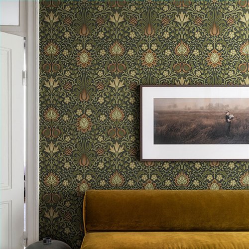 Ref.82093 estancia decorada con floral simétrico Verde, Marrón y Beige y fondo Negro, hidden treasures