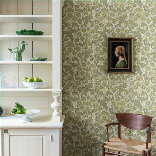 Ref.82087 estancia decorada con acanto y girasoles Verde, Ocre y Naranja y fondo Blanco Roto, hidden treasures