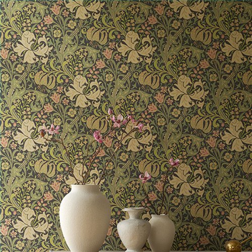 Ref.82102 foto de ambiente lirios arts & crafts hidden treasures fondo Marrón con Verde, Rosa y Beige