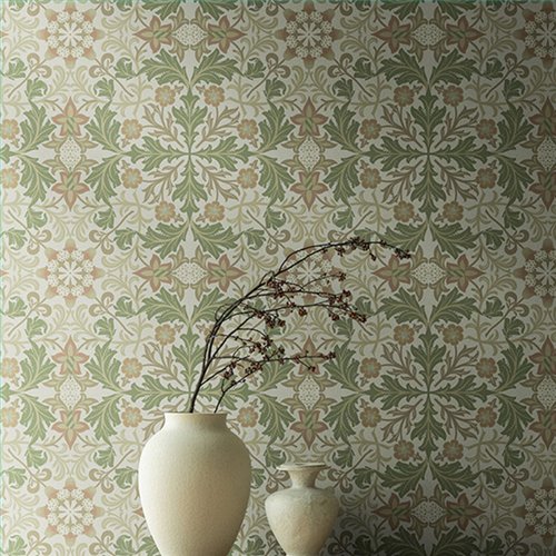 Ref.82080 estancia decorada con medallón floral Verde, Beige y Marrón y fondo Beige, hidden treasures