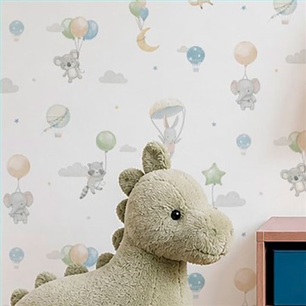 Ref.005-ALI ambiente con alice animales con globos Gris, Verde, Beige, Naranja y Topo sobre fondo Blanco Roto
