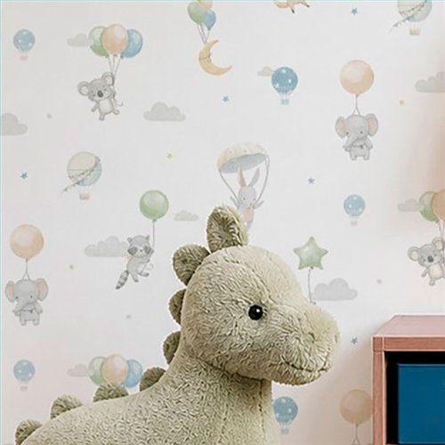 Ref.005-ALI ambiente con alice animales con globos Gris, Verde, Beige, Naranja y Topo sobre fondo Blanco Roto