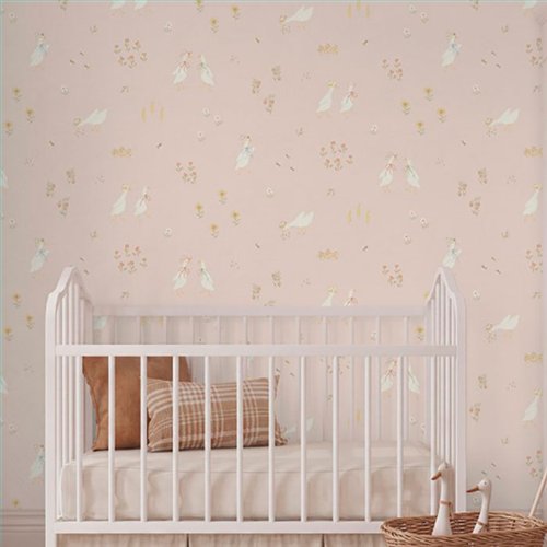 Ref.027-ALI estancia decorada con ocas con lazos Blanco Roto, Amarillo, Verde, Beige y Azul y fondo Rosa, alice