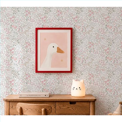 Ref.037-ALI foto de ambiente floral menudo alice fondo Blanco Roto con Rosa, Verde y Topo