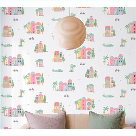 Ref.045-ALI foto de ambiente casitas alice fondo Blanco Roto con Multicolor