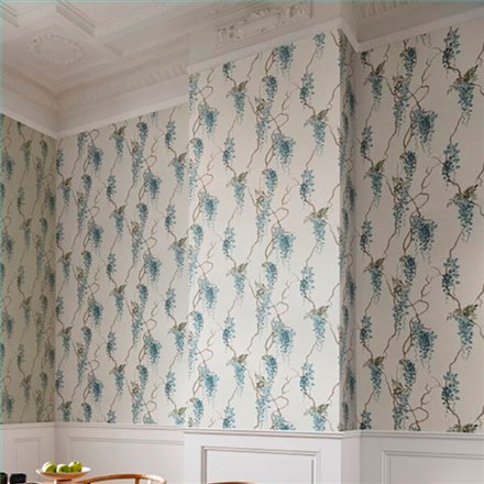 Ref.001-BOO bamboo - ambiente decorado con fondo Gris con detalles en Azul, Verde y Dorado, motivo glicinias