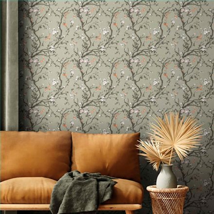 Ref.016-BOO ambiente real de ramas floridas bamboo, sobre fondo Verde en tonos Naranja, Blanco Roto, Marrón y Lila