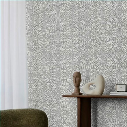 Ref.049-BOO estancia decorada con damasco arabesco Plateado y fondo Gris, bamboo