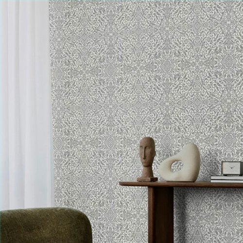 Ref.049-BOO estancia decorada con damasco arabesco Plateado y fondo Gris, bamboo