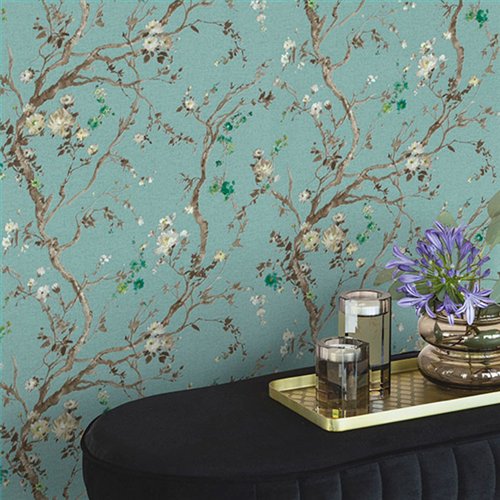 Ref.054-BOO ambiente con bamboo ramas floridas Blanco Roto, Verde, Topo y Amarillo sobre fondo Verde
