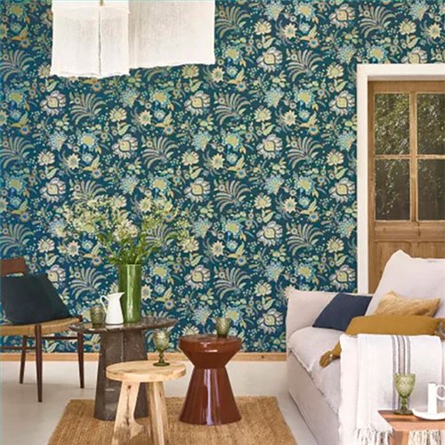Ref.FAMI-202687644 ambiente real de floral indiana maison de famille, sobre fondo Azul en tonos Topo, Verde y Dorado