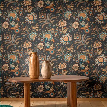 Ref.FAMI-202689357 estancia decorada con floral indiana Beige, Azul y Cobre y fondo Marrón, maison de famille