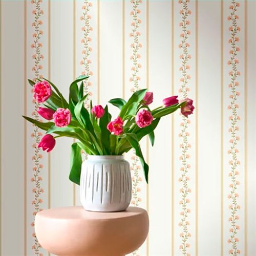 Ref.FAMI-202704427 foto de ambiente rayas florales maison de famille fondo Blanco Roto con Salmón, Amarillo y Verde