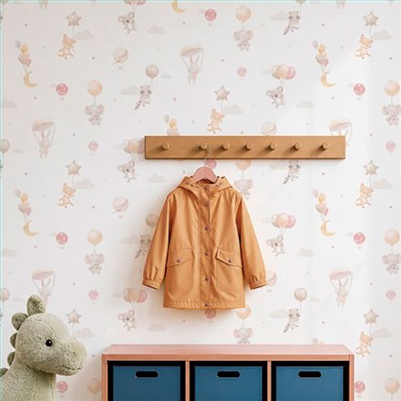 Ref.004-ALI ambiente real de animales con globos alice, sobre fondo Blanco Roto en tonos Gris, Rosa, Beige, Naranja y Marrón