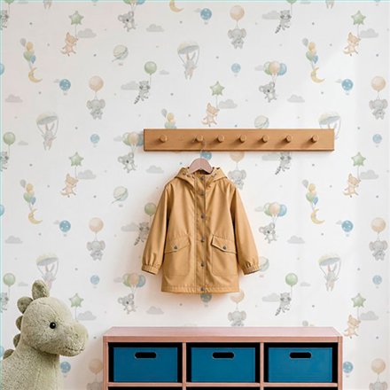 Ref.005-ALI ambiente con alice animales con globos Gris, Verde, Beige, Naranja y Topo sobre fondo Blanco Roto