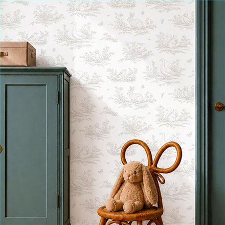 Ref.009-ALI ambiente con alice toile animales del bosque Topo sobre fondo Blanco Roto