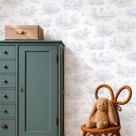 Ref.010-ALI foto de ambiente toile animales del bosque alice fondo Blanco Roto con Azul