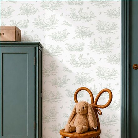Ref.015-ALI estancia decorada con toile animales del bosque Verde y fondo Blanco Roto, alice