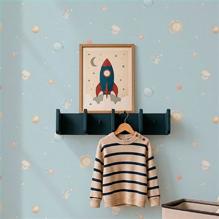 Ref.028-ALI ambiente real de planetas alice, sobre fondo Azul en tonos Beige, Marrón, Gris y Blanco Roto