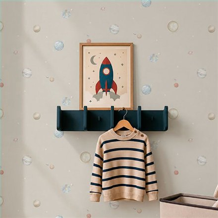 Ref.030-ALI foto de ambiente planetas alice fondo Topo con Beige, Marrón, Azul y Blanco Roto