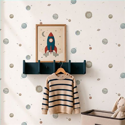 Ref.032-ALI ambiente real de planetas alice, sobre fondo Blanco Roto en tonos Beige, Marrón, Verde, Amarillo y Topo