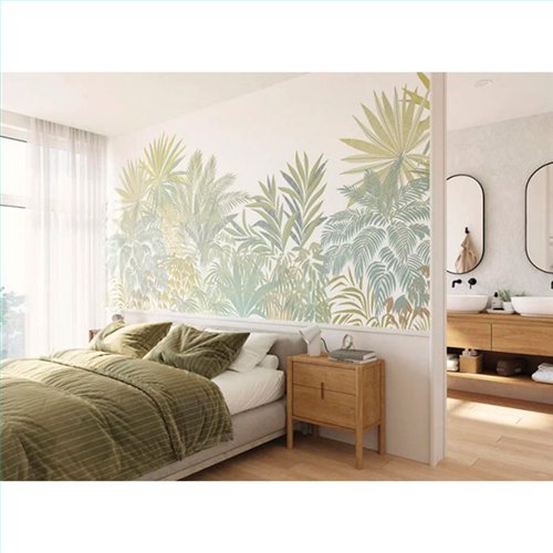 Ref.CANP202677108V estancia decorada con mural jungla Multicolor y fondo Blanco Roto, canopee