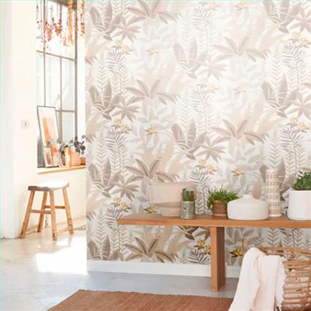Ref.CANP202631313 ambiente real de jungla tropical canopee, sobre fondo Blanco Roto en tonos Beige, Gris y Amarillo