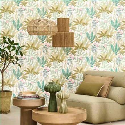 Ref.CANP202637337 ambiente real de jungla tropical canopee, sobre fondo Blanco Roto en tonos Verde, Beige y Rosa