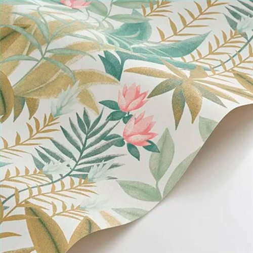 Ref.CANP202637337 ambiente con canopee jungla tropical Verde, Beige y Rosa sobre fondo Blanco Roto