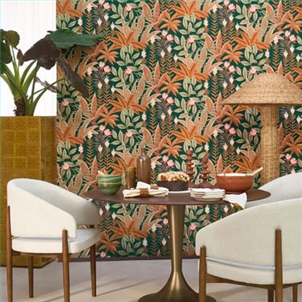 Ref.CANP202637606 foto de ambiente jungla tropical canopee fondo Verde con Ocre, Marrón, Verde, Rosa y Blanco Roto