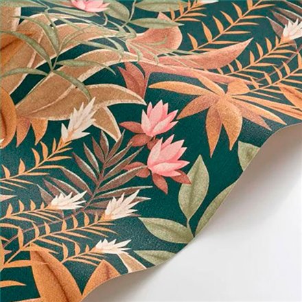 Ref.CANP202637606 estancia decorada con jungla tropical Ocre, Marrón, Verde, Rosa y Blanco Roto y fondo Verde, canopee