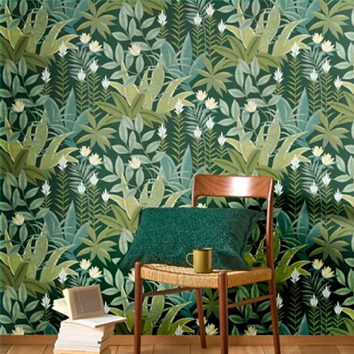 Ref.CANP202637575 ambiente real de jungla tropical canopee, sobre fondo Verde en tonos Blanco Roto