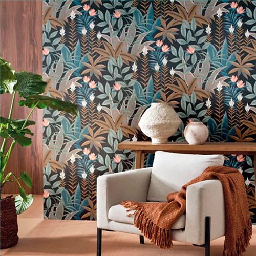 Ref.CANP202636464 foto de ambiente jungla tropical canopee fondo Azul con Verde, Marrón, Naranja y Blanco Roto