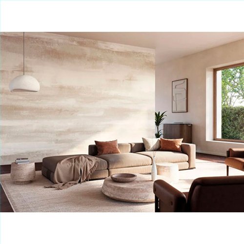 Ref.BATE202811294V estancia decorada con mural pinceladas Marrón y fondo Beige, basalte