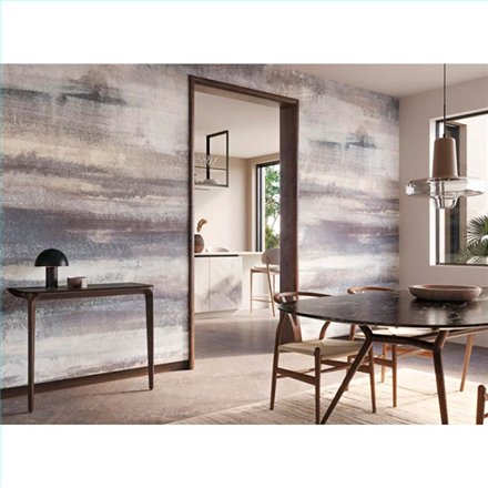 Ref.BATE202816810V ambiente real de mural pinceladas basalte, sobre fondo Beige en tonos Azul y Gris